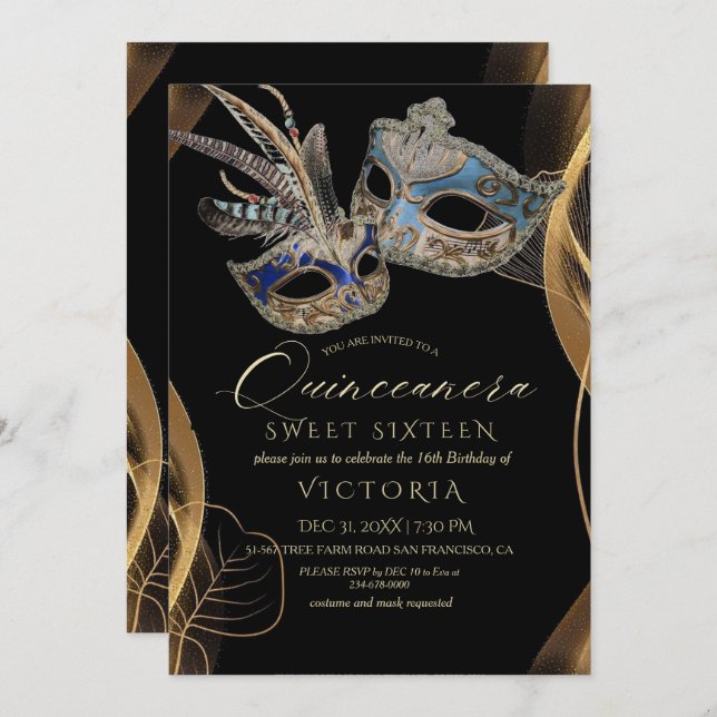 Quinceañera Black Gold Masquerade Birthday Party Invitation (Front/Back)