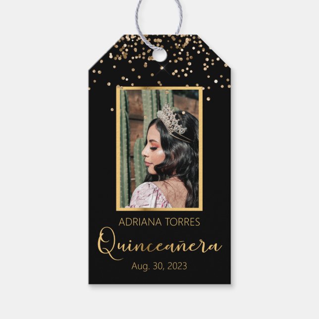 Quinceanera Black Gold Photo Favour Gift Tag (Front)