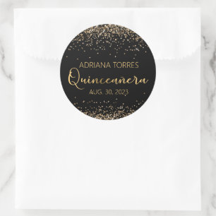Quinceanera Black Gold Photo Favour Round Sticker