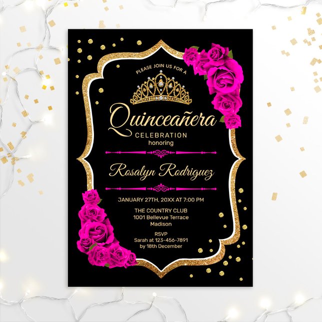 Quinceanera - Black Gold Pink Invitation (Creator Uploaded)