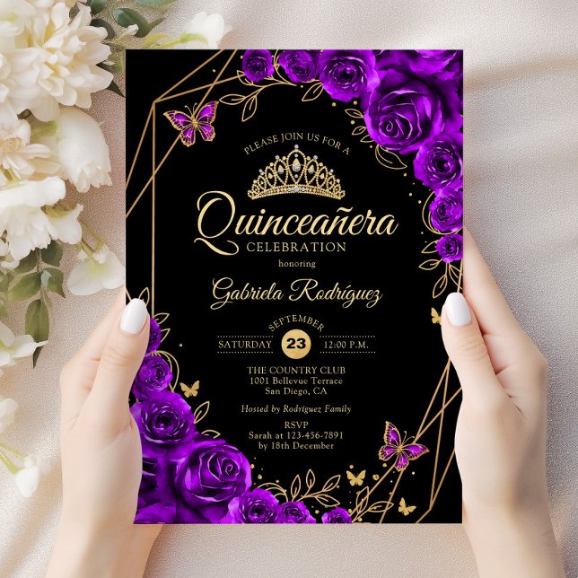 Quinceanera Black Gold Purple Floral Invitation (Creator Uploaded)