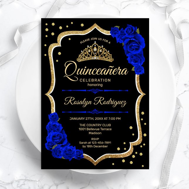 Quinceanera - Black Gold Royal Blue Invitation (Creator Uploaded)