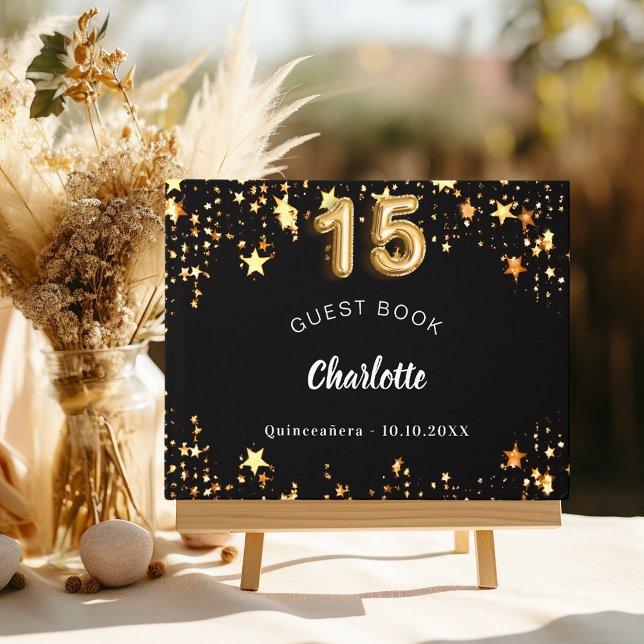 Quinceanera black gold stars guest book (Creator Uploaded)