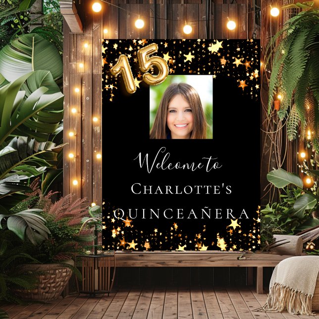 Quinceanera black gold stars photo welcome poster (Creator Uploaded)