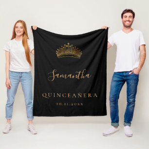 Quinceanera black gold tiara crown name fleece blanket