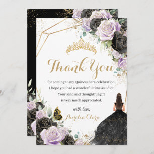Quinceañera Black Lilac Floral Dress Princess  Thank You Card