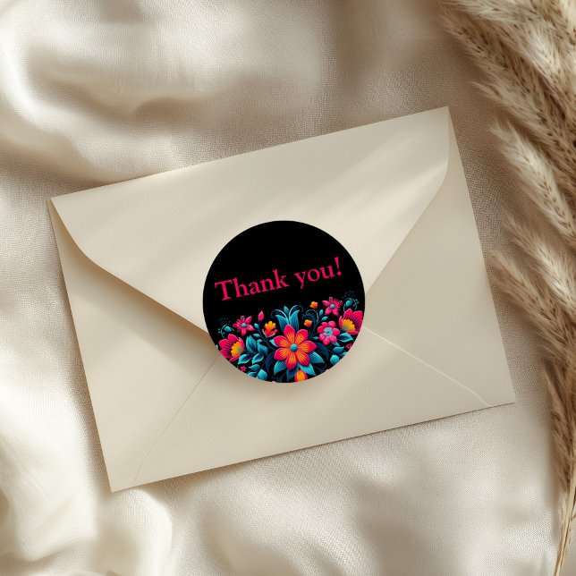 Quinceanera Black Mexican Fiesta Thank You Classic Round Sticker (Quinceanera Black Mexican Fiesta Thank You Classic Round Sticker on an elegant  envelope.)