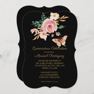 Quinceañera Black n Blush Butterfly w Flowers Gold Invitation
