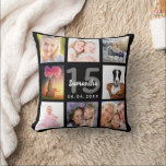 Quinceanera black photo collage cushion<br><div class="desc">A unique gift for a girl's Quinceañera, 15th birthday, celebrating her life with a collage of 8 of your own photos, pictures. Personalise and add her name, age 15 and a date. A chic black background. Grey and white letters and numbers. The name is written with a modern hand lettered...</div>