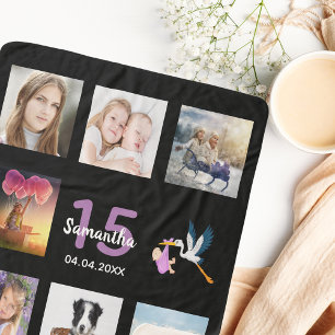 Quinceanera black photo collage name sherpa blanket