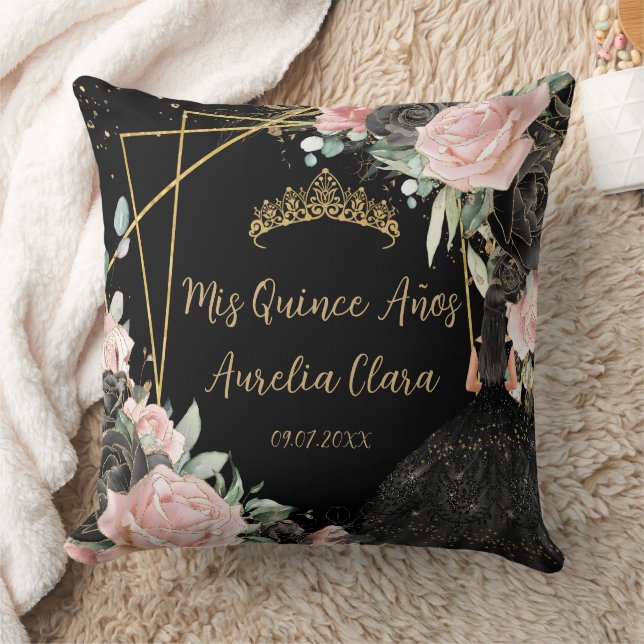 Quinceañera  Black Pink Floral Girl Dress Princess Cushion (Blanket)