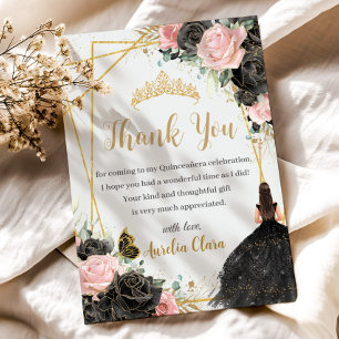 Quinceañera Black Pink Floral Girl Dress Princess  Thank You Card