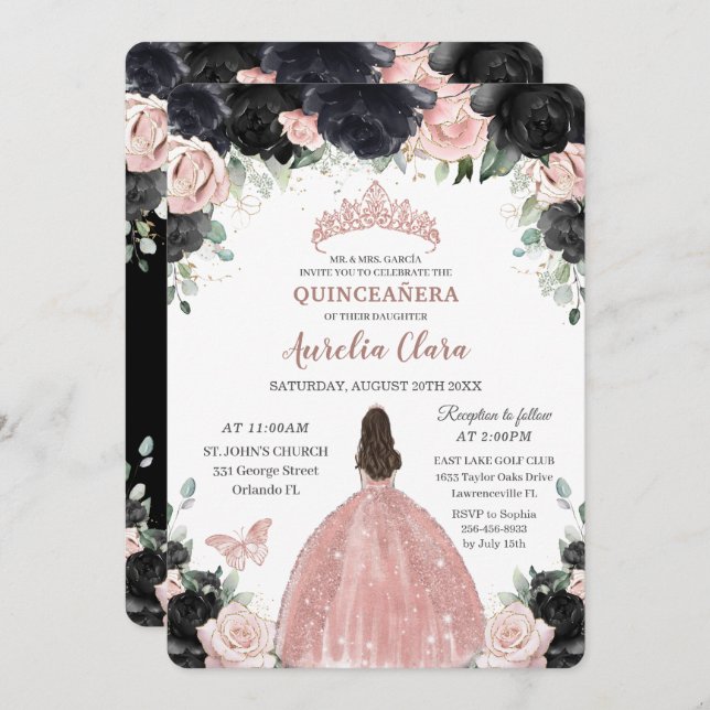 Quinceañera Black Pink Floral Rose Gold Princess Invitation (Front/Back)