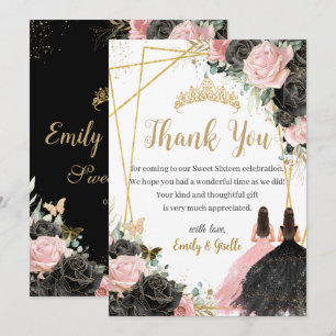 Quinceanera Black Pink Floral Twins Princesses Thank You Card