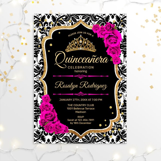 Quinceanera - Black Pink Gold Invitation (Creator Uploaded)