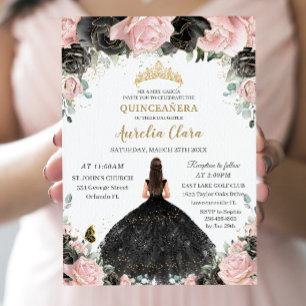 Quinceañera Black Pink Roses Floral Princess Dress Invitation