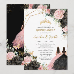 Quinceañera Black Pink Roses Floral Princess Twins Invitation