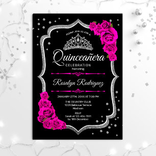 Quinceanera - Black Pink Silver Invitation