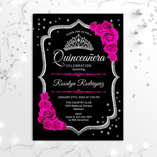 Quinceanera - Black Pink Silver Invitation (Creator Uploaded)