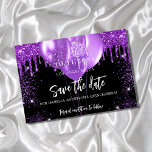 Quinceanera black purple balloons save the date announcement postcard<br><div class="desc">A girly and trendy Save the Date for a Quinceañera,  15th birthday party. A black background decorated with purple faux glitter drips,  sparkles,  and balloons. Personalise and add a date and name/age.  The text: Save the Date is written with a large trendy hand lettered style script.</div>