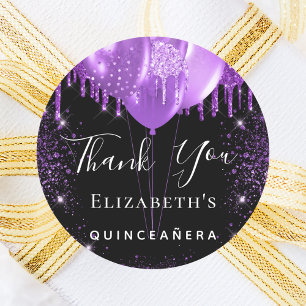 Quinceanera black purple glitter name thank you classic round sticker