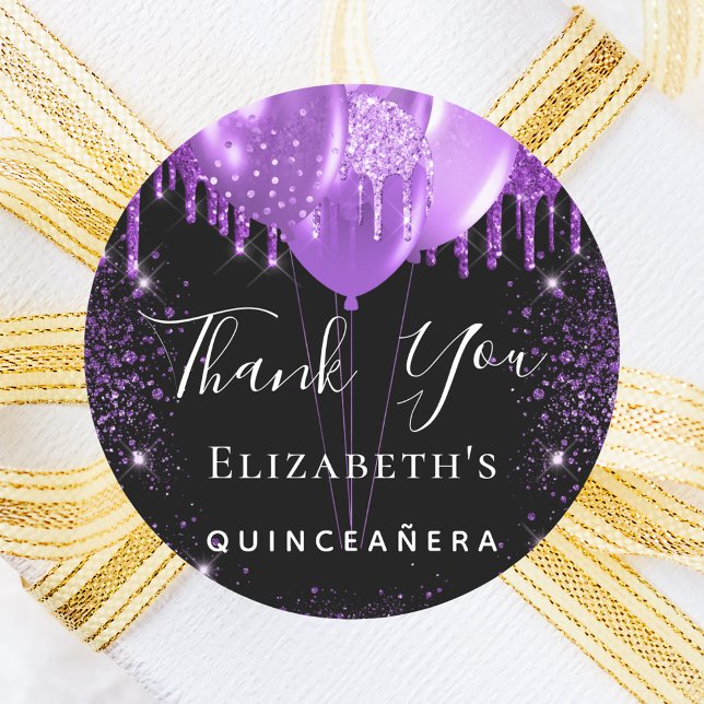 Quinceanera black purple glitter name thank you classic round sticker (Creator Uploaded)