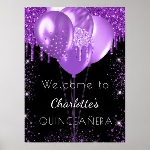 Quinceanera black purple glitter welcome balloons poster
