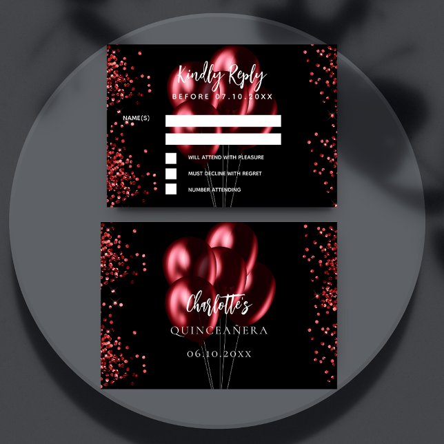 Quinceanera black red balloons response RSVP card (Creator Uploaded)