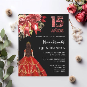 Quinceanera black red dress bow florals invitation