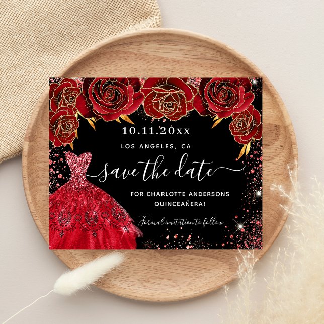 Quinceanera black red dress budget save the date flyer (Creator Uploaded)