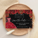 Quinceanera black red dress florals save the date<br><div class="desc">A girly and trendy Save the Date card for a Quinceañera,  15th birthday party. A black background decorated red roses,  red faux glitter sparkles and a red dress. Personalise and add a date and name/age. The text: Save the Date is written with a large trendy hand lettered style script.</div>