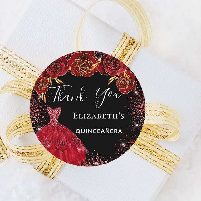Quinceanera black red dress florals Thank You  Classic Round Sticker (Creator Uploaded)
