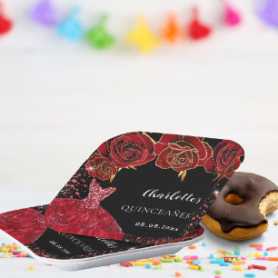 Quinceanera black red dress flowers paper plate
