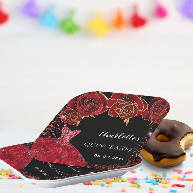Quinceanera black red dress flowers paper plate (Creator Uploaded)