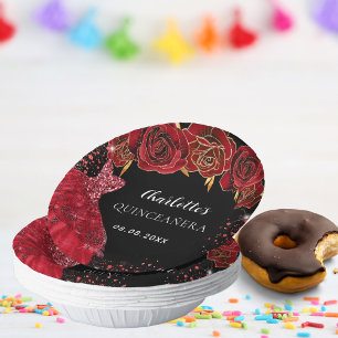 Quinceanera black red dress flowers paper plate