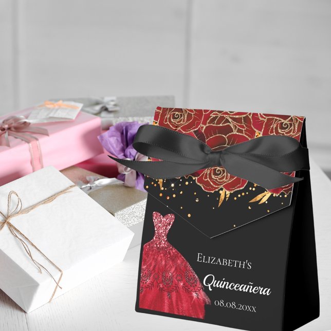 Quinceanera black red dress flowers thank you favour box (Creator Uploaded)