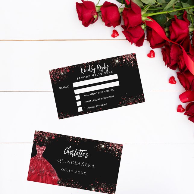 Quinceanera black red dress response RSVP card (Creator Uploaded)