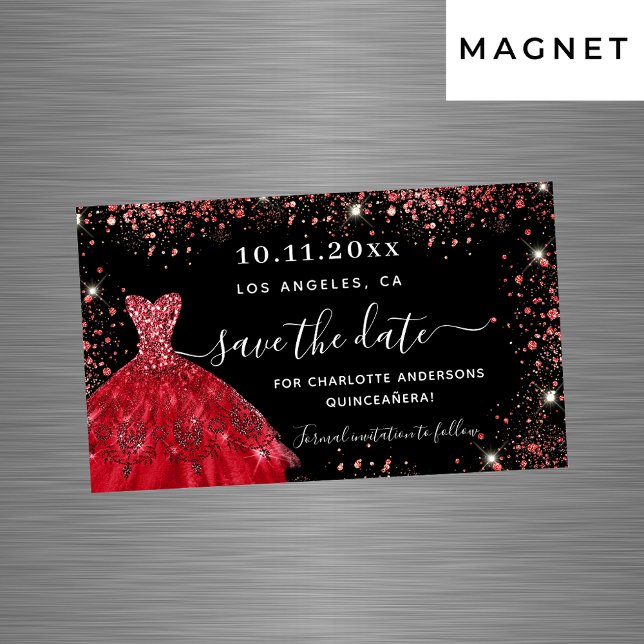 Quinceanera black red dress save the date magnet (Creator Uploaded)