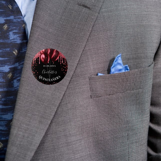 Quinceanera black red glitter balloons 3 cm round badge (Creator Uploaded)