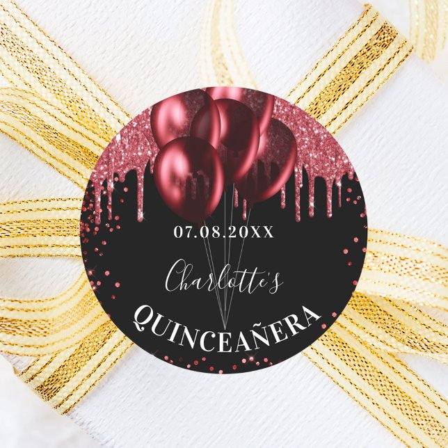 Quinceanera black red glitter balloons classic round sticker (Creator Uploaded)