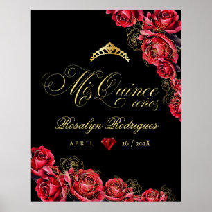 Quinceanera - black red gold decorations Sign