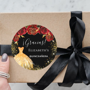 Quinceanera black red gold dress Gracias Classic Round Sticker