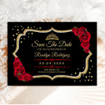 Quinceanera Black Red Gold Floral Save The Date<br><div class="desc">Black red and gold Quinceanera celebration Save The Date card. Features,  script font,  red roses,  tiara and confetti. Perfect for an elegant princess style glam celebration. Personalize with your own details. Printed Zazzle cards or instant download digital printable template.</div>