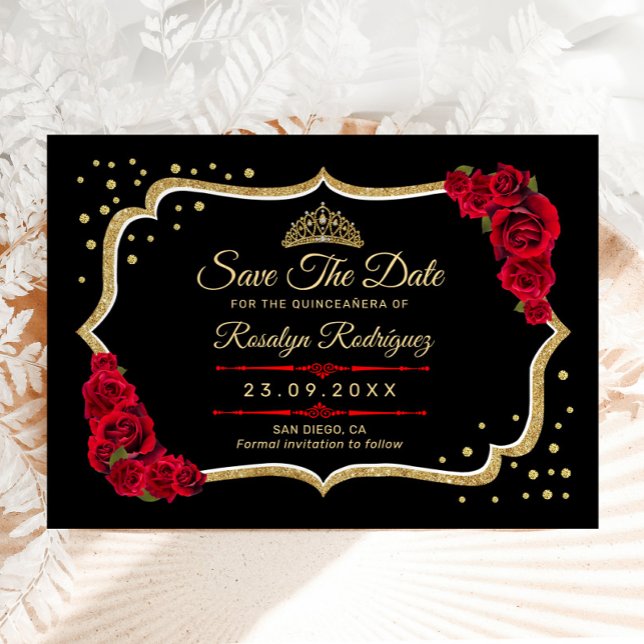 Quinceanera Black Red Gold Floral Save The Date (Creator Uploaded)