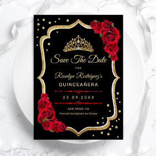 Quinceanera - Black Red Gold Save The Date