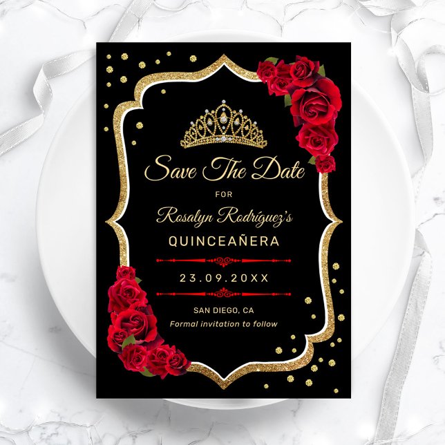 Quinceanera - Black Red Gold Save The Date (Creator Uploaded)