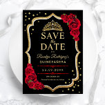 Quinceanera Black Red Gold Save The Date<br><div class="desc">Black red gold Quinceanera celebration save the date card. Features,  script font,  roses and tiara. Perfect for an elegant princess style glam celebration. Personalize with your own details. Printed Zazzle cards or instant download digital printable template.</div>