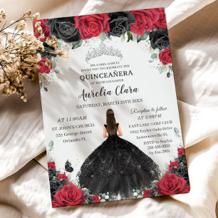 Quinceañera Black Red Roses Floral Princess Dress Invitation