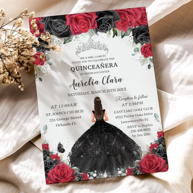 Quinceañera Black Red Roses Floral Princess Dress Invitation (red and black roses flowers brunette girl in black dress quinceanera sweet 16 birthday invitations)