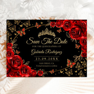Quinceanera Black Red Roses Gold Save The Date